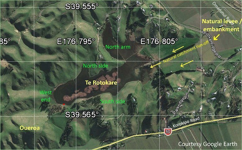Overall grid view of Oueroa pa, and te Rotokare lake.